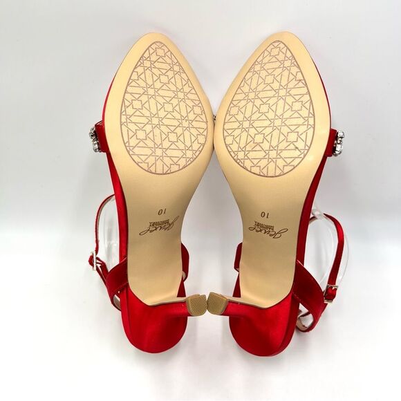 Jewel Badgley Mischka Size 10 Ojai Jeweled Red Satin Heels Dress Sandals Shoes - Picture 9 of 14